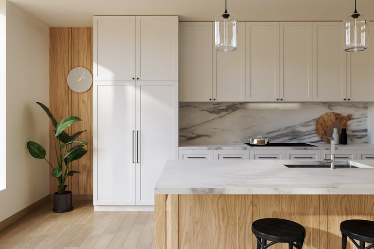 Modern white kitchen with marble island